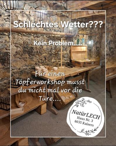 a collage of a picture of a wooden table at Bichlhof in Kaisers