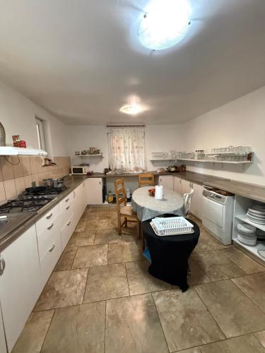 a kitchen with a table in the middle of it at Cabana Andre Vartop in Vartop