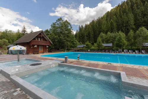 a large swimming pool in front of a cabin at Хатинка у Румуна in Tatariv