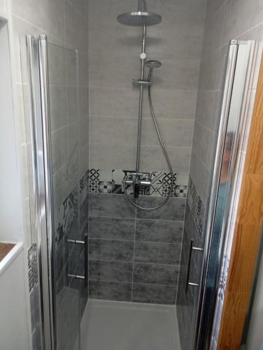 a shower in a bathroom with a glass door at Gîte Le Mansois in Marcillac-Vallon
