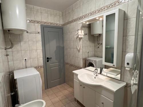a bathroom with a sink and a toilet and a mirror at Moro Crikva in Crikvenica