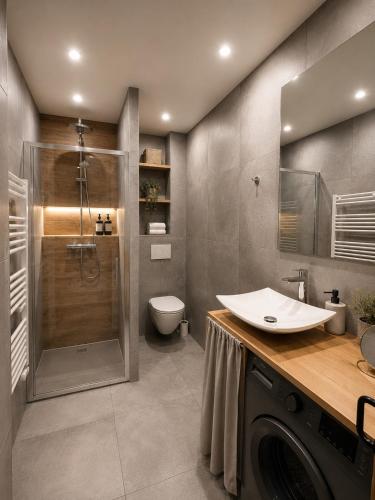 a bathroom with a sink and a toilet and a shower at *** Le Refuge *** Logement standing Megève in Demi-Quartier
