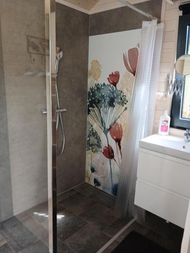 a bathroom with a shower and a sink at entre bourg et rivage in Saint-Pierre-Langers