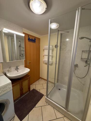 a bathroom with a shower and a sink at Ferienhaus Loubier Marne in Marne