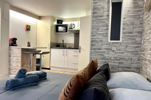 a living room with a bed and a kitchen at Etablissement Cloutiers comprenant plusieurs logements de type studio - Hyper Centre Brive in Brive-la-Gaillarde