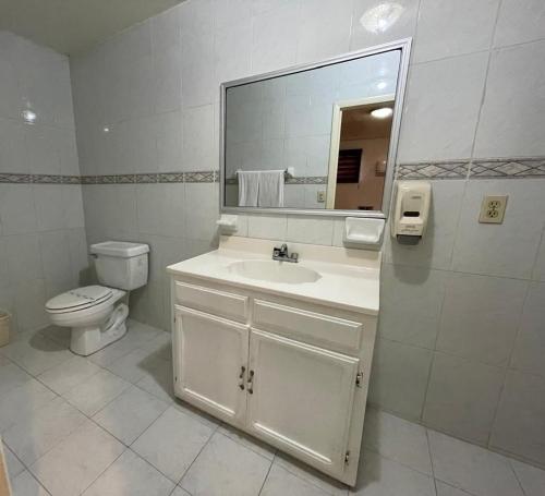 a bathroom with a sink and a toilet and a mirror at Hotel Regis in Mexicali