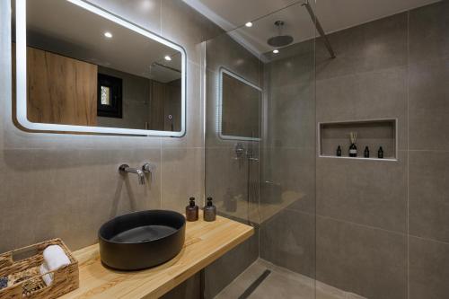 a bathroom with a shower and a black bowl sink at Abelia Boutique Rooms in Tsilivi