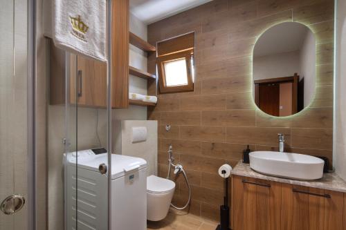 a bathroom with a sink and a toilet and a mirror at Villa President 2 in Kunjići