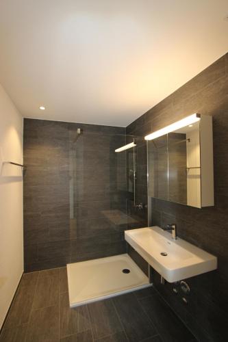 ein Badezimmer mit Waschbecken und Dusche in der Unterkunft Valo Central - Wohnung mit Arbeitsplatz am Zürichsee in Pfäffikon