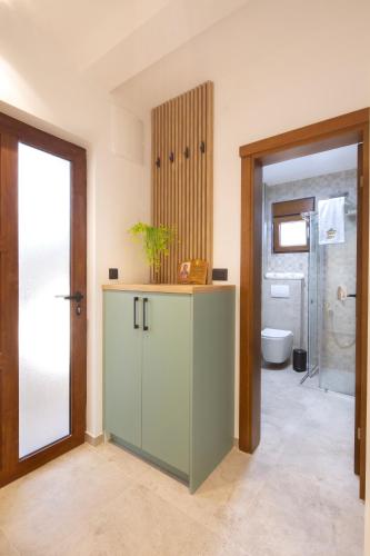 a bathroom with a green cabinet and a toilet at Villa President 4 in Krimovice