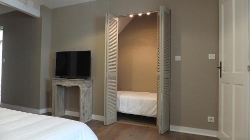 
a bedroom with a bed and a television in it at Hotel La Closeraie in Sully-sur-Loire
