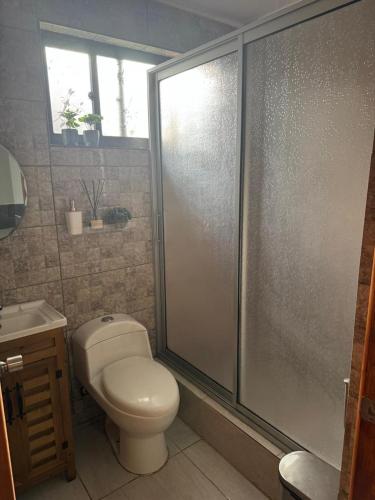 a bathroom with a toilet and a glass shower door at Hospedaje Shuyen in Victoria