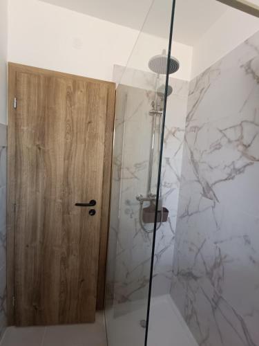 a shower with a wooden door in a bathroom at Apartment Hidden Garden in Pula
