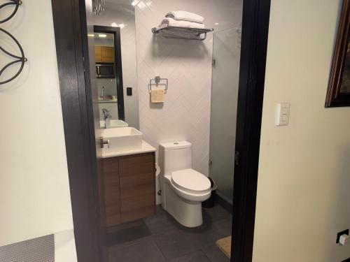 a bathroom with a toilet and a sink and a mirror at EON One Bedroom Apartment 1305 in Estación Pamplona