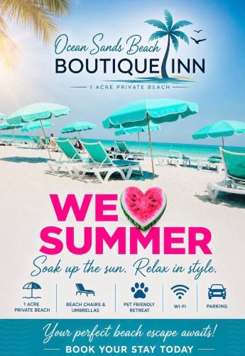 a beach with umbrellas and a sign that reads we summer at Ocean Sands Beach Boutique Inn-1 Acre Private Beach-St Augustine Historic-2 Miles-Shuttle with Downtown Tour-HEATED Salt Water Pool until 420AM-Popcorn-Cookies-New 4k USD Black Beds- 69 Item Breakfast-Eggs-Bacon-Starbucks- Free Laundry- #904-799-SAND in St. Augustine
