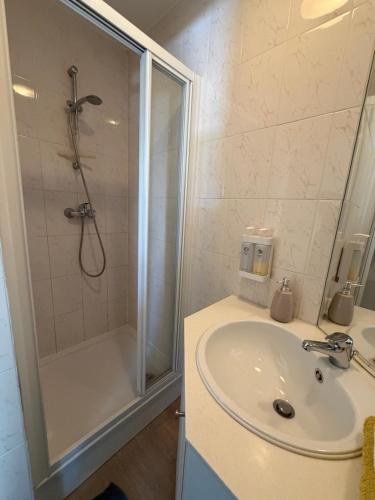 a bathroom with a shower and a sink and a shower at Historic Centre Apartment - Ghent Belfry & St Nicholas Church View in Ghent