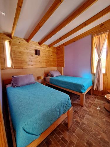 two beds in a room with wooden walls at Cabañas "Terrazas de Orión" con Vista Panorámica en Pisco Elqui in Pisco Elqui