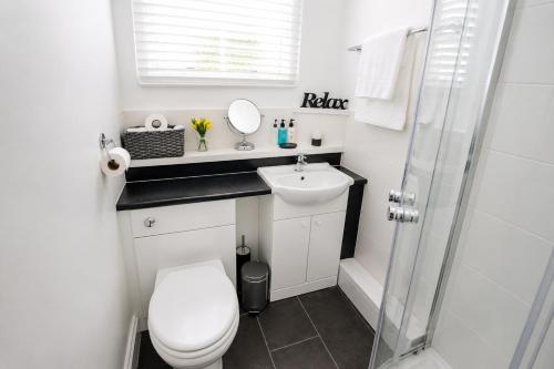 a bathroom with a toilet and a sink and a shower at City Centre 1 Bed Apartment - Modern & Bright in Chester