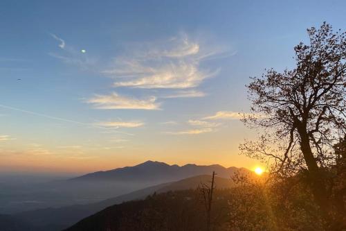 a sun setting over a mountain with a tree at Million Dollar Mountain View in Crestline