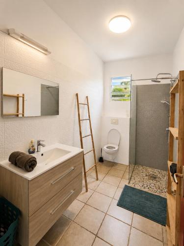 a bathroom with a sink and a toilet at Petit Havre de Paix BIS - Piscine et plage à pied in Le Gosier