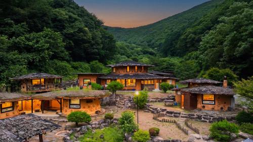 an aerial view of a house with mountains in the background at Mungyeong Between Mountains Pet Pension in Mungyeong
