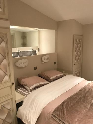 1 dormitorio con cama y espejo en Maison " Cosinelle ", en Meyrargues