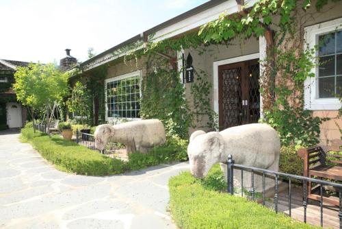 two sheep are standing outside of a house at Herb Village in Yeoncheon