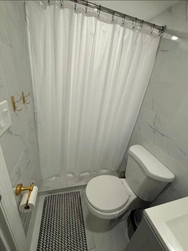 a bathroom with a white shower curtain and a toilet at Cozy Private Two Bedroom Basement Apartment in Hempstead