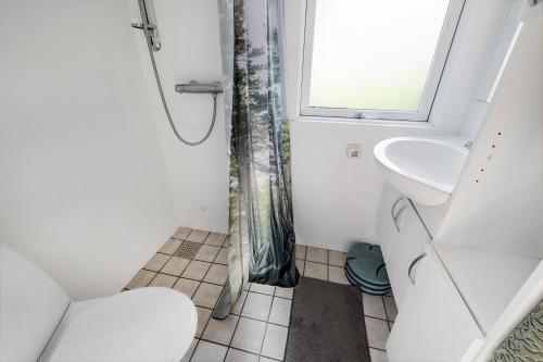a bathroom with a shower and a toilet and a sink at Cozy Cottage At Tuse Næs In Holbæk in Holbæk