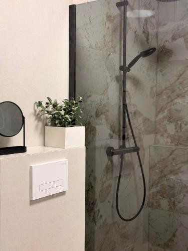 a shower with a shower head in a bathroom at Villa Vida, Medulin - Bazen i jacuzzi in Medulin
