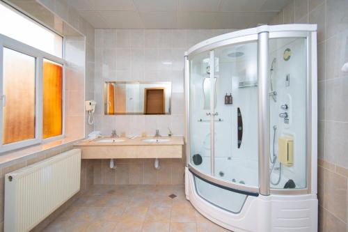 a bathroom with a shower and a sink at Fude Hotel T bilis第比利斯富德酒店 in Tbilisi City