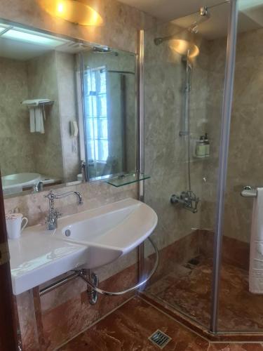 a bathroom with a sink and a shower at Beautiful Hotel Taipei in Xindian