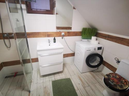 a bathroom with a toilet and a sink and a shower at Agroturystyka Od Kaszuba in Żuromino