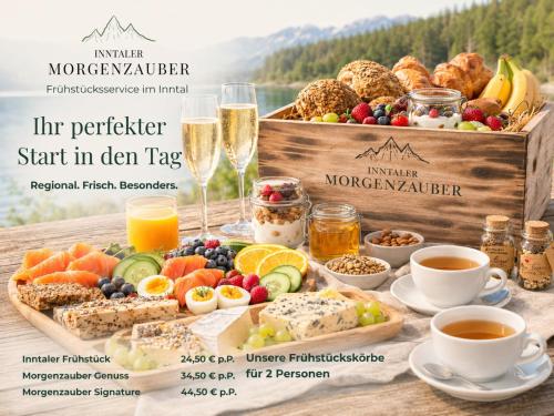 a tray of breakfast foods and drinks on a table at Forest chalet in Wörgl near SkiWelt Wilder Kaiser in Wörgler Boden