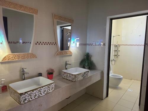 a bathroom with a sink and a toilet and mirrors at Moonlight Resort in Sinādil