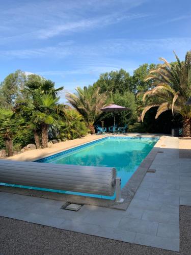 a swimming pool with a bench next to some palm trees at Hacienda in Caumont