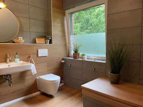 a bathroom with a toilet and a sink and a window at Dorfstübli - gemütliche und ruhige Zimmer in Ortsrandlage in Alt Schönau