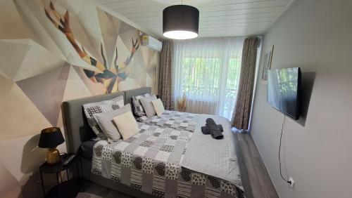 a small bedroom with a bed and a tv at Silver Lake Apartman in Balatonboglár
