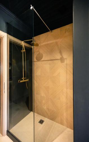 a shower with a glass door in a bathroom at Salty Dog Suites in Vasiliki
