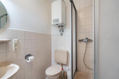 a bathroom with a toilet and a sink and a shower at Fewo Hanna Tedsen in Pellworm