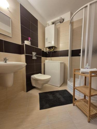 a bathroom with a toilet and a sink and a shower at Noémi Wellness Apartman in Siófok