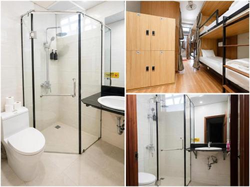 a bathroom with a shower and a toilet and a sink at Hanoi Central Backpackers Hostel in Hanoi