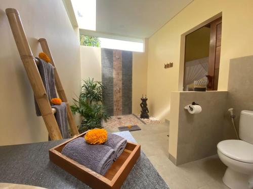 a bathroom with a toilet and a sink and a mirror at TAMAN EDEN COTTAGE in Ubud
