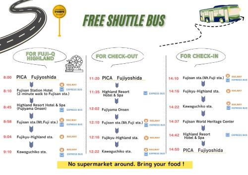 a map of the free shuttle bus routes at PICA Fujiyoshida in Fujiyoshida