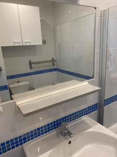 a bathroom with a sink and a mirror and a toilet at Studio piscine et vue mer in Trévou-Tréguignec