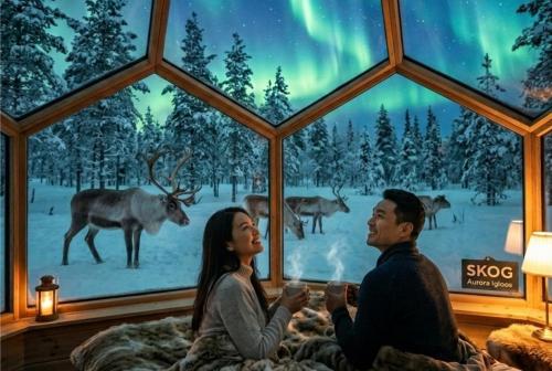 a man and woman sitting on a bed in front of a window looking at at SKOG Aurora Glass Igloos in Kalix