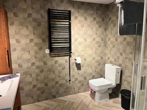 a bathroom with a toilet and a window at Ziemupes namiņš in Ziemupe