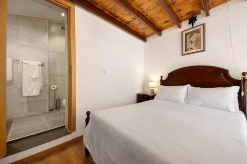a bedroom with a large bed and a shower at Romantic Room - Charming Place in Provesende