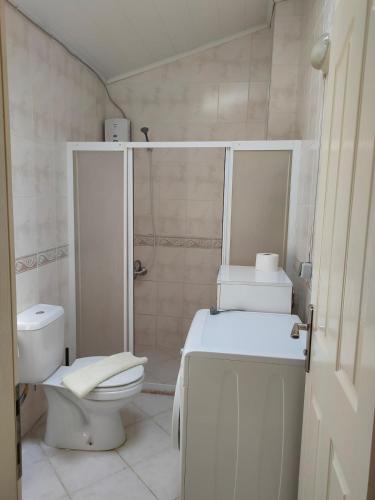 a white bathroom with a toilet and a shower at WoodenGate in Fethiye