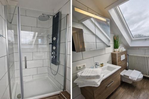 a bathroom with a shower and a sink at Egestorfer Hof in Egestorf